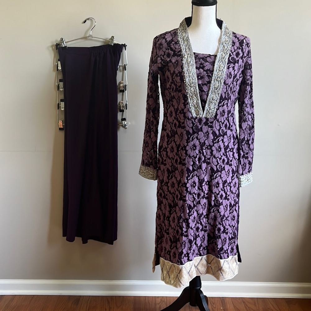 Pakistani, Indian shirt and sharara trousers with undershirt. 3 pieces.